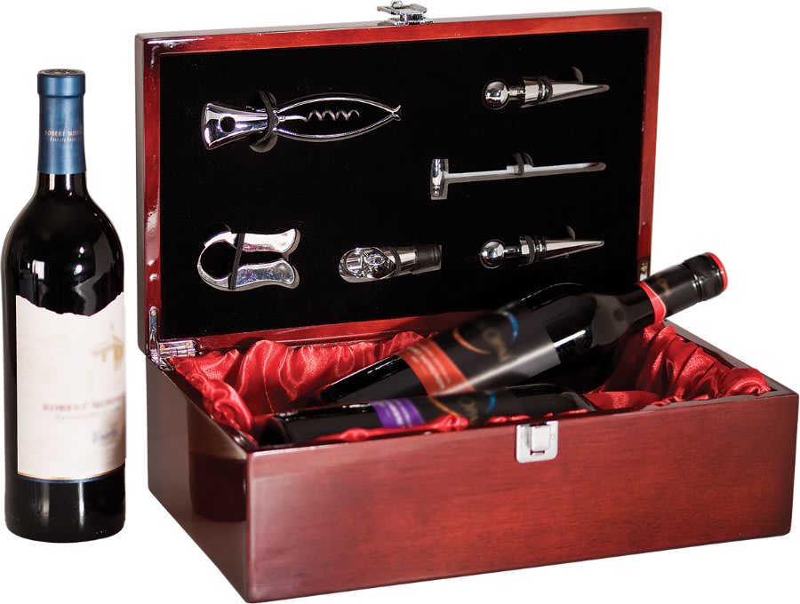 Rosewood Piano Finish Double Wine Presentation Box 6 Tools - Laser Engraved Drinkware