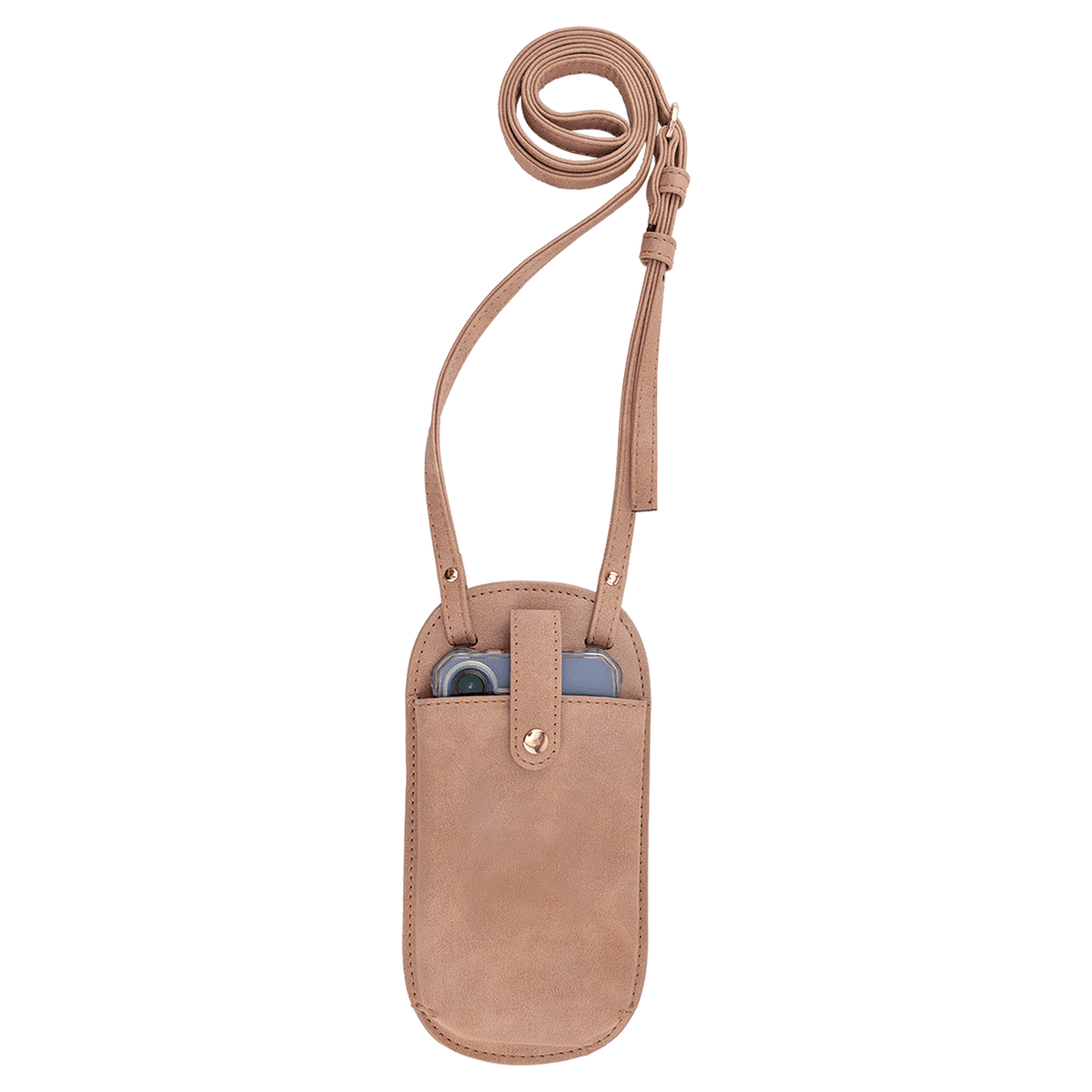 A light beige crossbody phone bag holding a phone, with its strap neatly coiled above against a white background.
