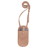 A light beige crossbody phone bag holding a phone, with its strap neatly coiled above against a white background.