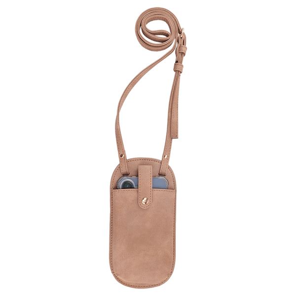 A light beige crossbody phone bag holding a phone, with its strap neatly coiled above against a white background.