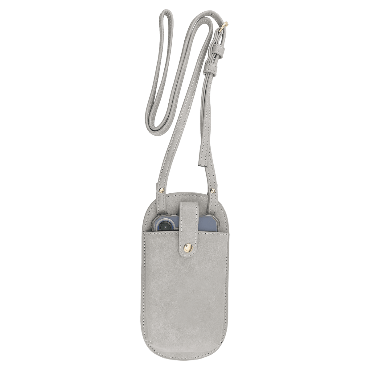 Light grey crossbody phone pouch on a white background, featuring a long strap and a phone secured by a gold snap.