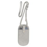 Light grey crossbody phone pouch on a white background, featuring a long strap and a phone secured by a gold snap.