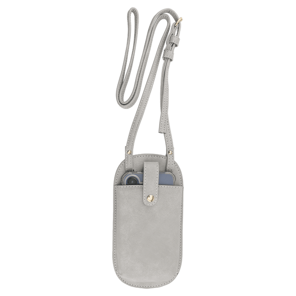Light grey crossbody phone pouch on a white background, featuring a long strap and a phone secured by a gold snap.
