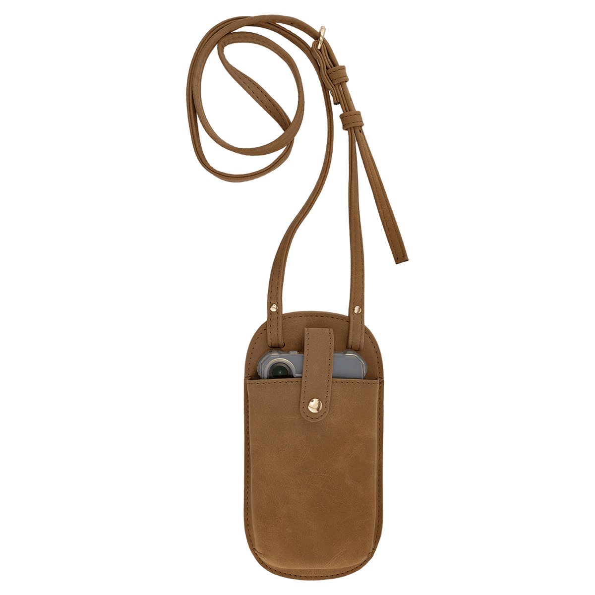 A plain brown crossbody phone bag holding a phone, with its long strap looped above against a white background.