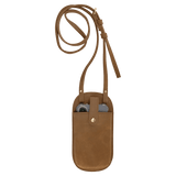 A plain brown crossbody phone bag holding a phone, with its long strap looped above against a white background.