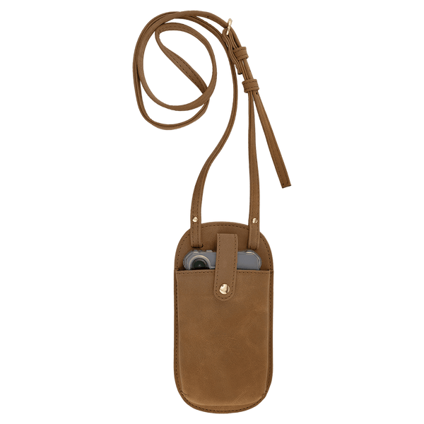 A plain brown crossbody phone bag holding a phone, with its long strap looped above against a white background.