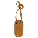 Tan crossbody phone bag on a white background featuring a front pocket holding a phone secured by a snap strap.