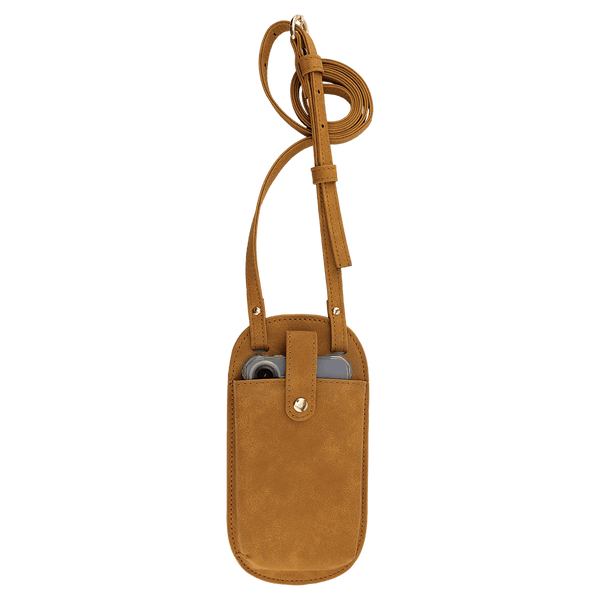 Tan crossbody phone bag on a white background featuring a front pocket holding a phone secured by a snap strap.