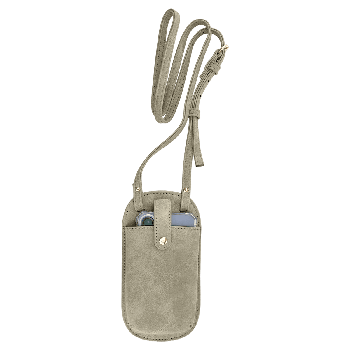 Light taupe crossbody phone pouch on a white background, featuring a long strap and a phone secured by a gold snap.