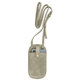 Light taupe crossbody phone pouch on a white background, featuring a long strap and a phone secured by a gold snap.