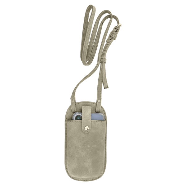 Light taupe crossbody phone pouch on a white background, featuring a long strap and a phone secured by a gold snap.