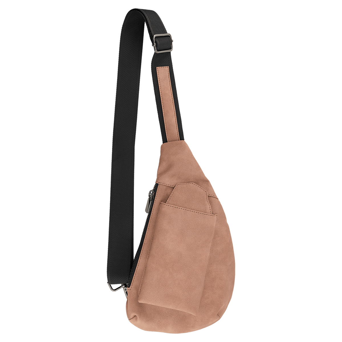 Tan teardrop sling bag with a black strap, zipper, and front slip pocket against a plain white background.