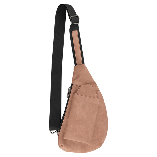 Tan teardrop sling bag with a black strap, zipper, and front slip pocket against a plain white background.