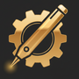 Gold pen and gear logo on a black background