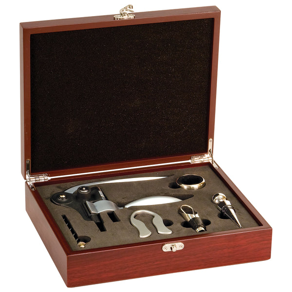 Rosewood Finish 5 Piece Wine Gift Set - Laser Engraved Drinkware