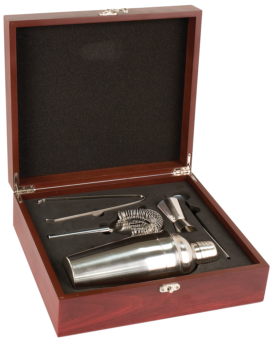 Rosewood Finish Martini Set Shaker, Jigger, Strainer, Stirrer & Tongs - Laser Engraved Drinkware