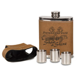 7 Oz Leather Wrapped Flask Kit Lid & 3 Shot Glasses - Laser Engraved Drinkware