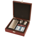 Rosewood Finish Flask Set 7 Oz Flask, Shot Glass, Cards & 5 Dice - Laser Engraved Drinkware