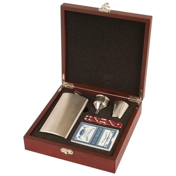 Rosewood Finish Flask Set 7 Oz Flask, Shot Glass, Cards & 5 Dice - Laser Engraved Drinkware