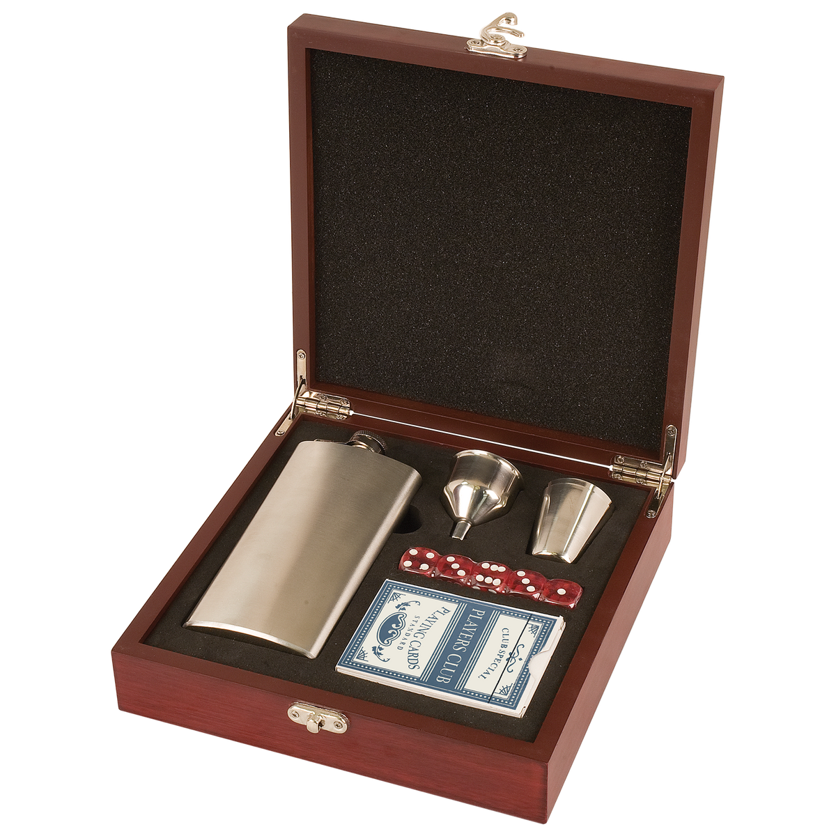Rosewood Finish Flask Set 7 Oz Flask, Shot Glass, Cards & 5 Dice - Laser Engraved Drinkware
