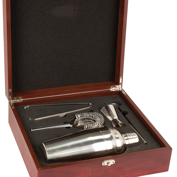 Rosewood Finish Martini Set Shaker, Jigger, Strainer, Stirrer & Tongs - Laser Engraved Drinkware