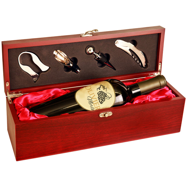Rosewood Finish Single Wine Presentation Box 4 Tools And Red Lining - Laser Engraved Drinkware