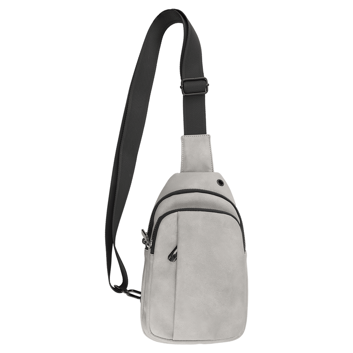 Light gray textured sling bag with black zippers, a front pocket, and an adjustable black strap on a white background.