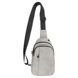 Light gray textured sling bag with black zippers, a front pocket, and an adjustable black strap on a white background.