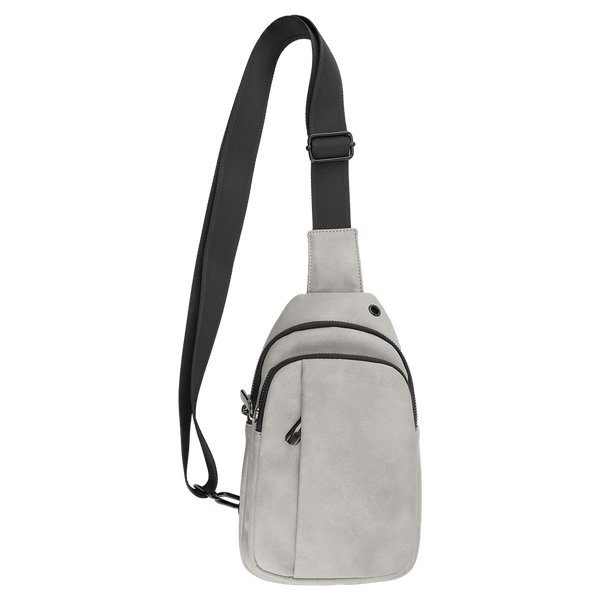 Light gray textured sling bag with black zippers, a front pocket, and an adjustable black strap on a white background.
