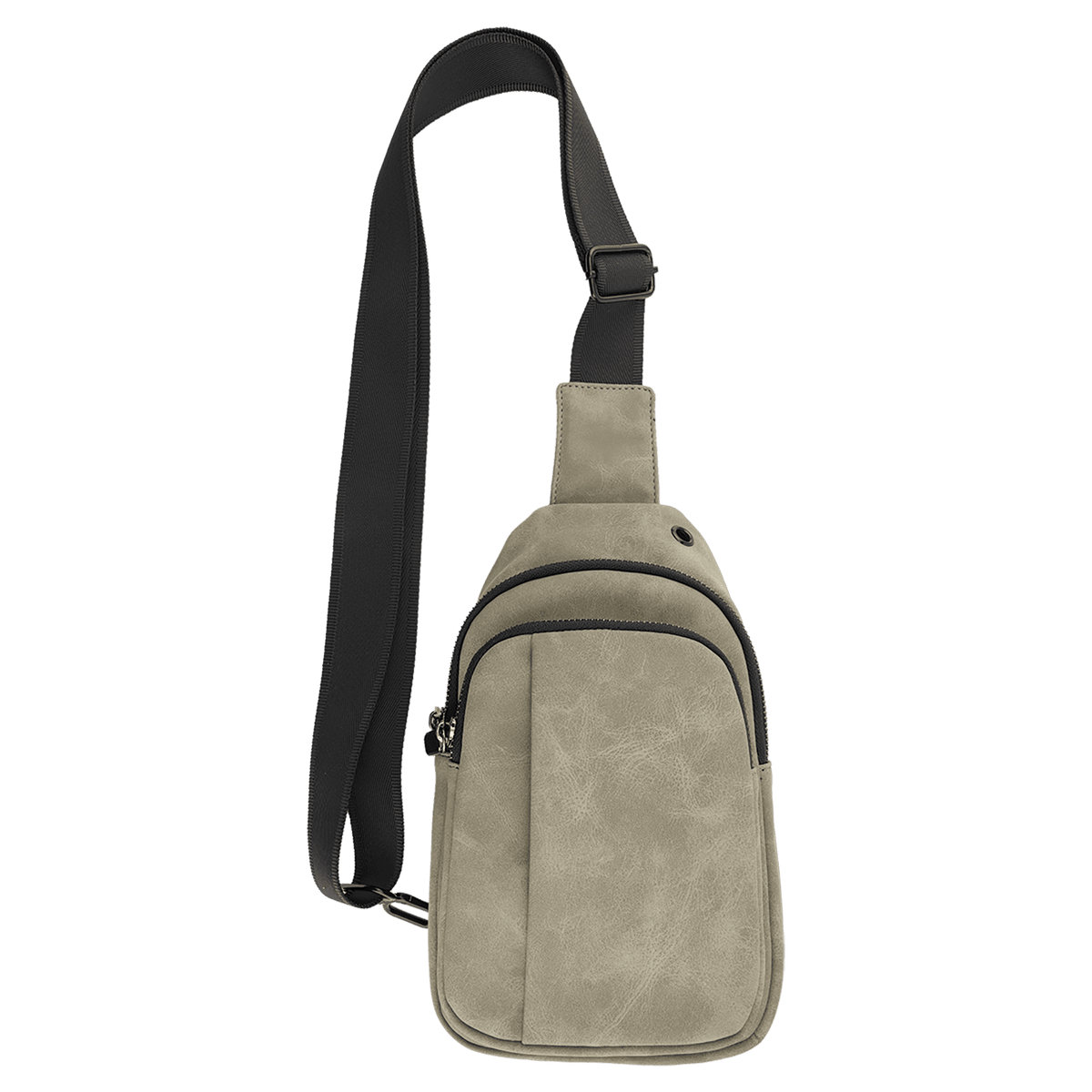Beige textured sling bag with black zippers, a front pocket, and an adjustable black strap on a white background.