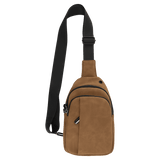 Brown crossbody sling bag with a black strap, front zipper pockets, and a small grommet hole on a white background.