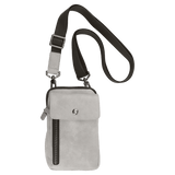 A small light grey crossbody bag with a black strap, snap flap, and vertical zipper on a white background.