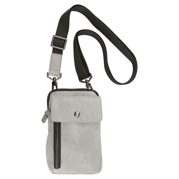 A small light grey crossbody bag with a black strap, snap flap, and vertical zipper on a white background.