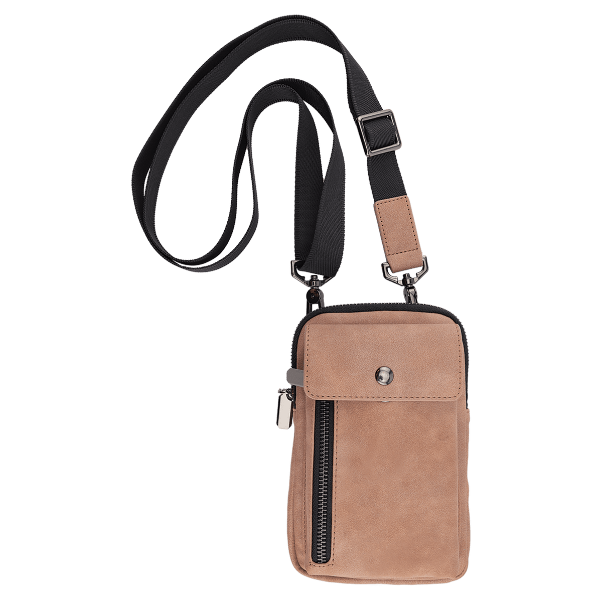 A small tan crossbody bag with a black strap, snap flap, and vertical zipper on a white background.