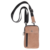 A small tan crossbody bag with a black strap, snap flap, and vertical zipper on a white background.