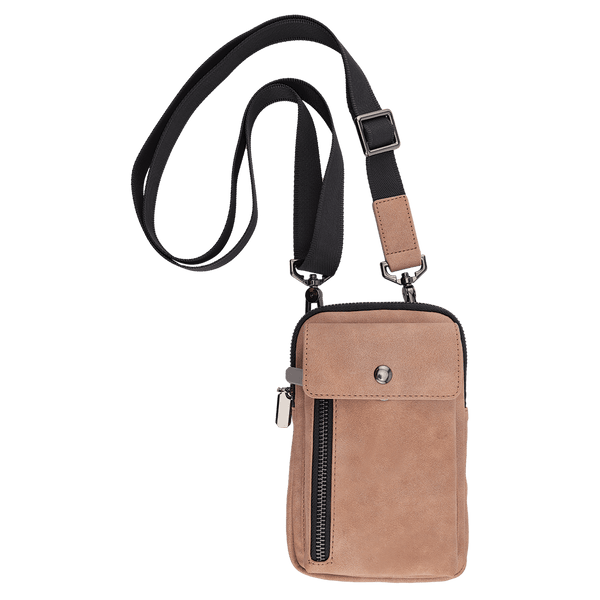 A small tan crossbody bag with a black strap, snap flap, and vertical zipper on a white background.