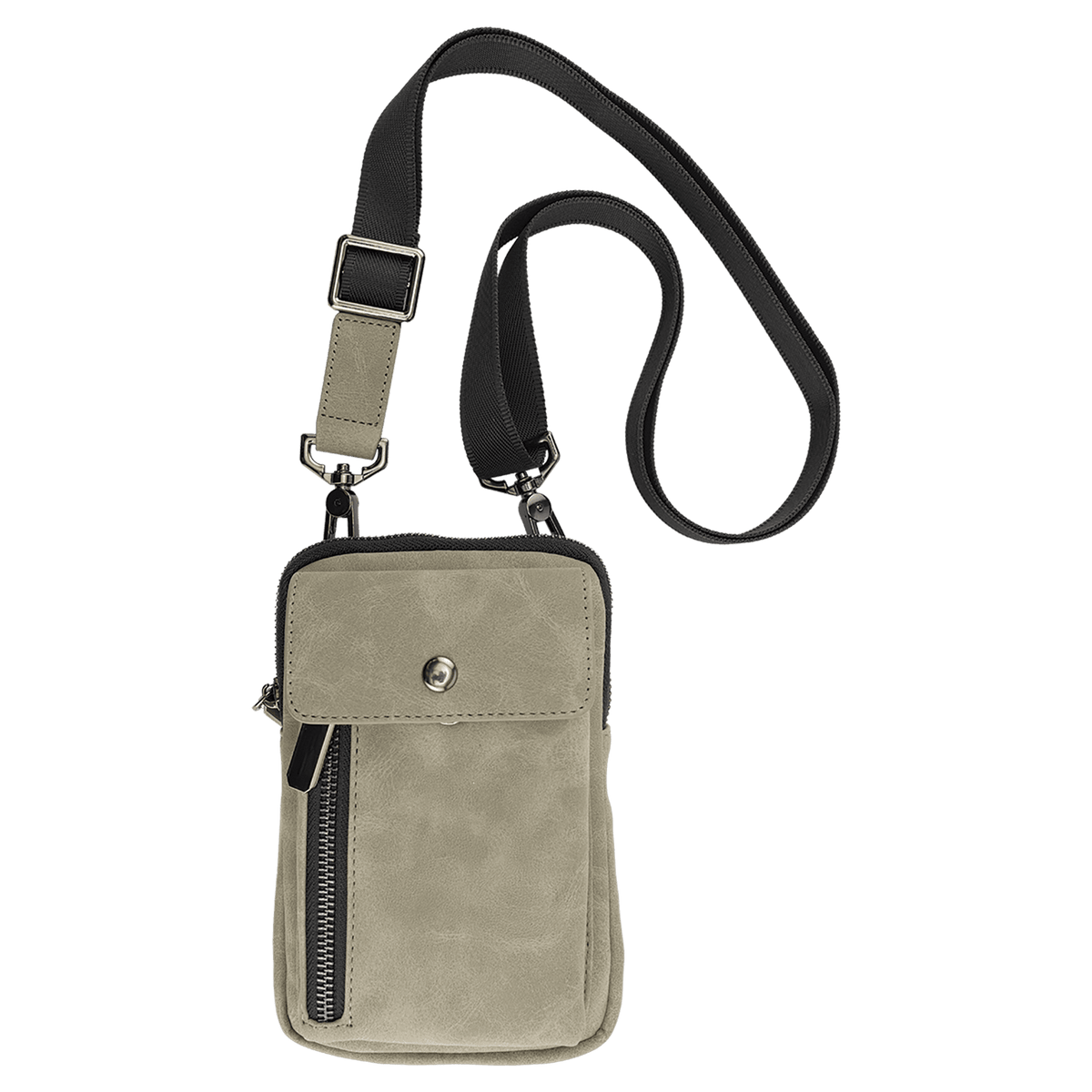 A small taupe crossbody bag with a black strap, snap flap, and vertical zipper on a white background.