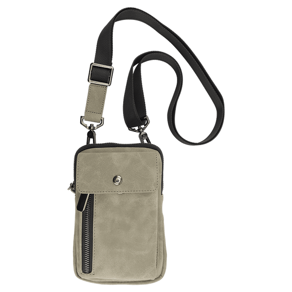 A small taupe crossbody bag with a black strap, snap flap, and vertical zipper on a white background.