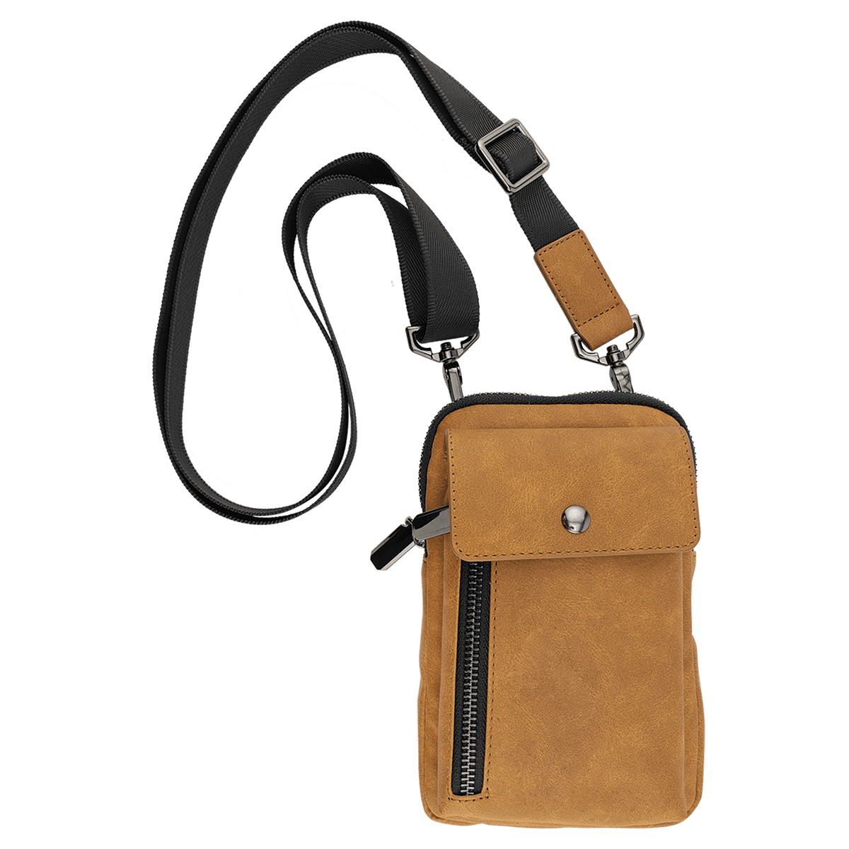 Tan crossbody bag with a black strap, a front snap flap, and a vertical zipper against a plain white background.