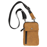 Tan crossbody bag with a black strap, a front snap flap, and a vertical zipper against a plain white background.