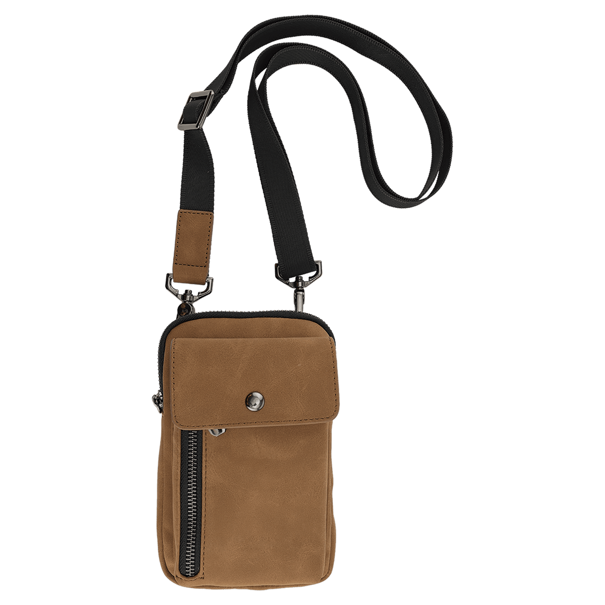 Brown crossbody bag with a looped black strap, a front snap flap, and vertical zipper on a plain white background.