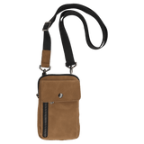 Brown crossbody bag with a looped black strap, a front snap flap, and vertical zipper on a plain white background.