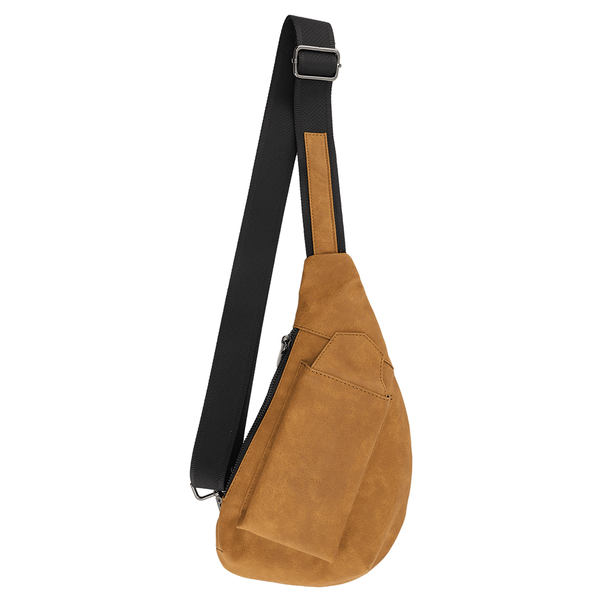 Tan faux-leather sling bag with a black adjustable strap and front pocket against a white background.