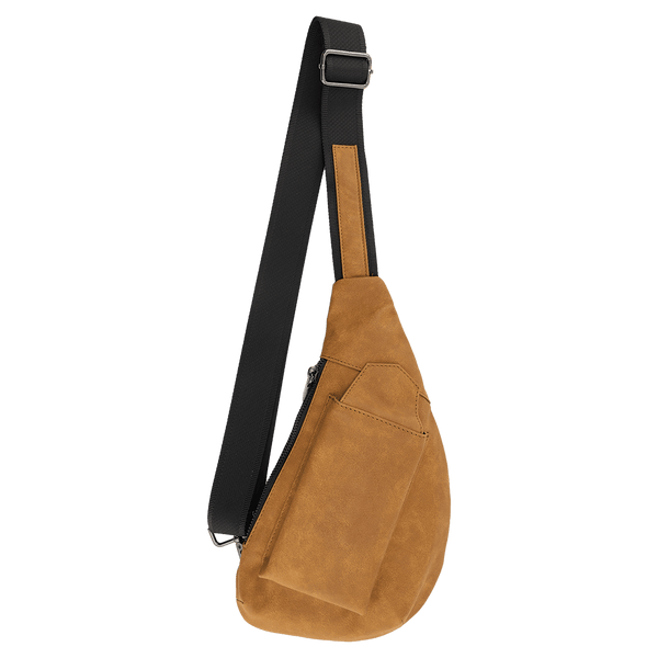 Tan faux-leather sling bag with a black adjustable strap and front pocket against a white background.