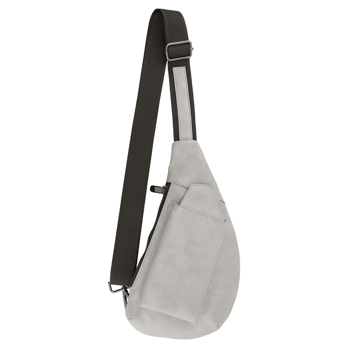 Light gray teardrop sling bag with a black strap, zipper, and front slip pocket against a plain white background.