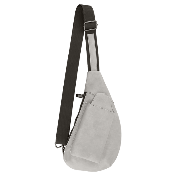 Light gray teardrop sling bag with a black strap, zipper, and front slip pocket against a plain white background.