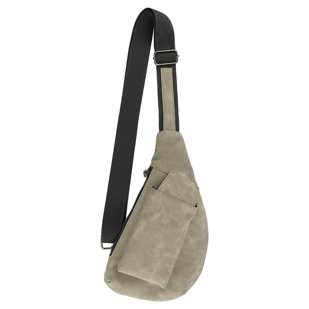 Light grey faux-leather sling bag with a black adjustable strap and front pocket against a white background.