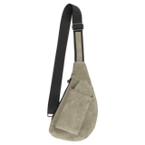 Light grey faux-leather sling bag with a black adjustable strap and front pocket against a white background.
