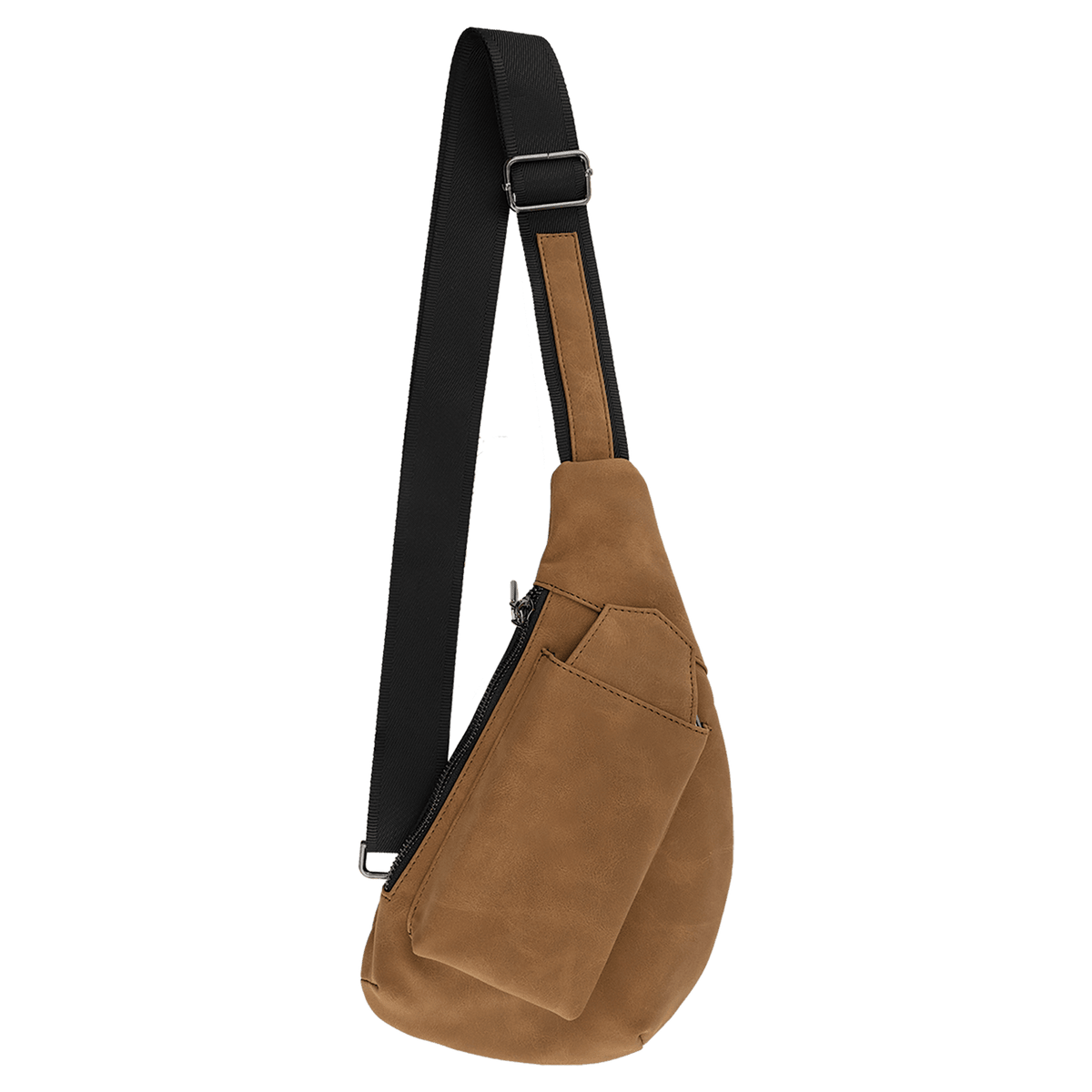Brown faux-leather sling bag with a black adjustable strap and front pocket against a white background.