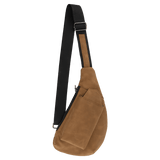 Brown faux-leather sling bag with a black adjustable strap and front pocket against a white background.